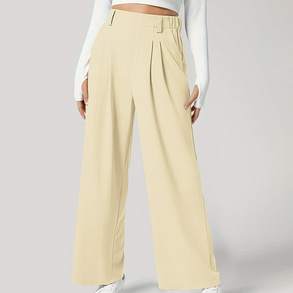 Frostluinai Women's Wide Leg Pants Elastic High Waisted Waffle Knit Palazzo Pants Casual Business Trousers Solid Straight Lag Pants with Pockets