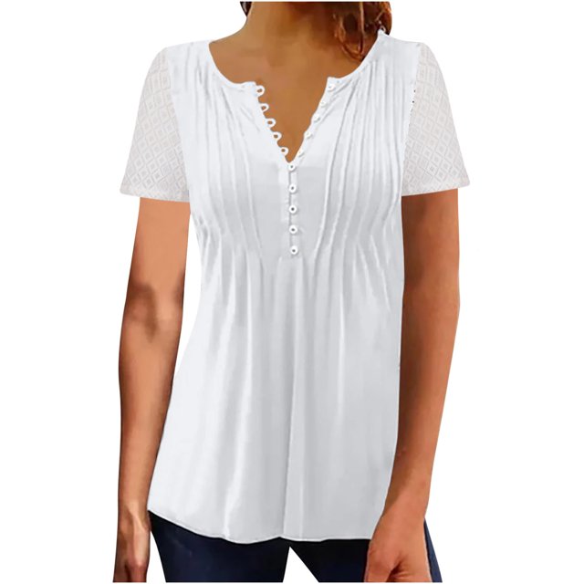Plebaso Hauts d'Été pour Femmes Patchwork Dentelle Manches Courtes Tunique Décontractée Boutonnée Col en V Blouses Habillées