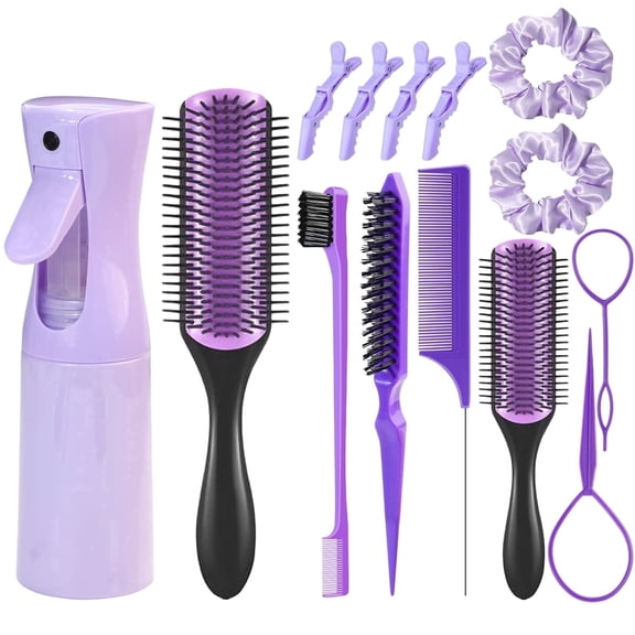 14 Pcs Hair Brush Set with Continuous Hair Spray Bottle 6.8oz/200ml, Hair Styling Comb Set Rat Tail Combs for Toddlers, Hair Clip,Edge Brush, Braiding, Slicking Hair for Women, Men (Purple)