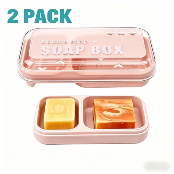 2 Pack Double Compartment Plastic Soap Holder, Soap Dish, Soap Box, Draining Travel Bar Soap Case with Lid,Pink