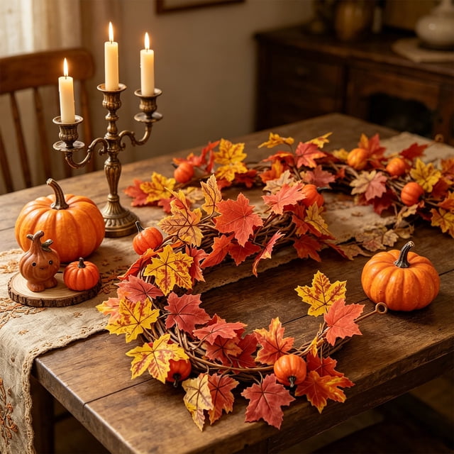 Artificial Fall Maple Leaf Garland with Pumpkins Thanksgiving Table Decor for Mantle Fireplace Thanksgiving Party
