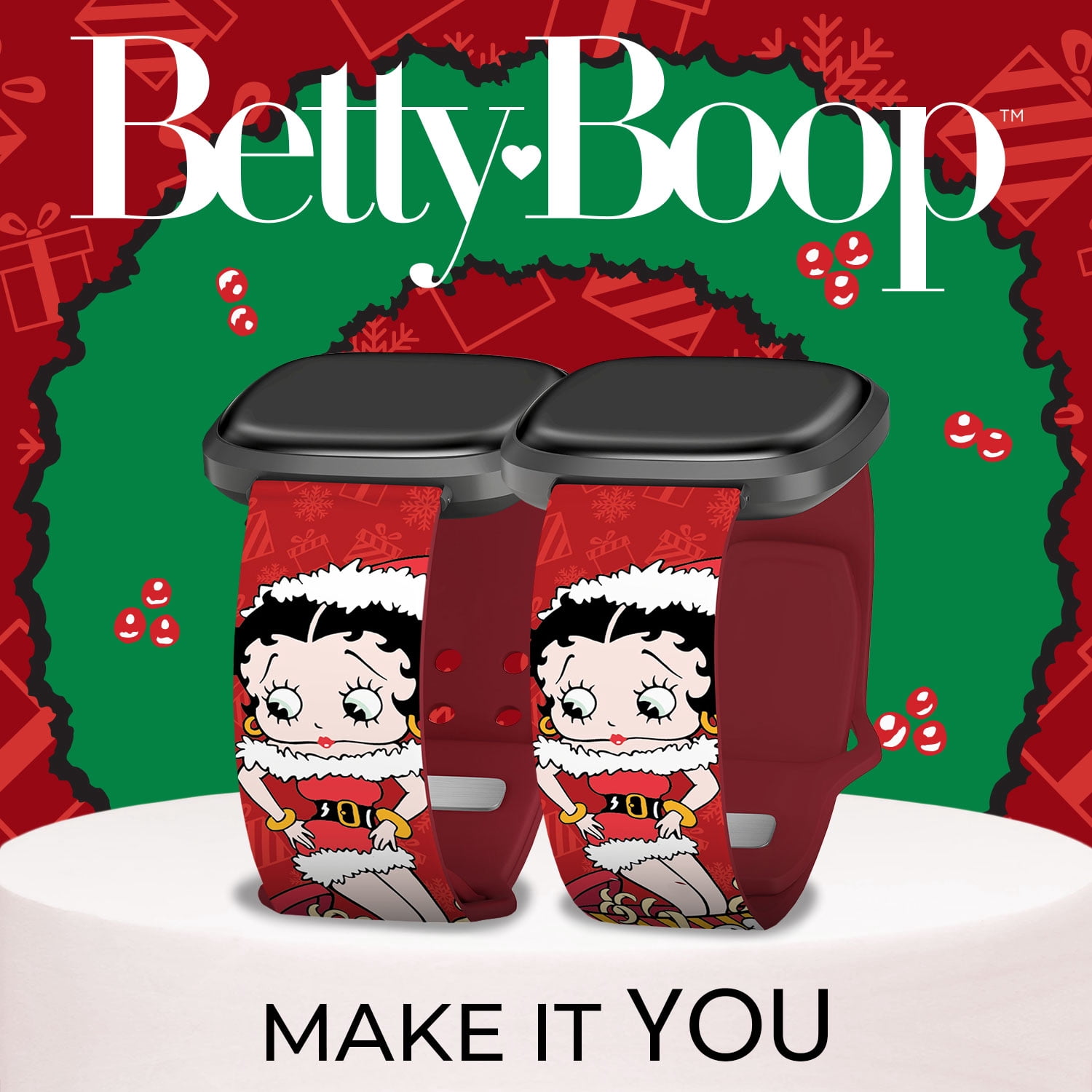 Betty Boop Christmas HD Watch Band Compatible with FitBit Versa 3 & Sense (20mm Short Presents) by Affinity Bands