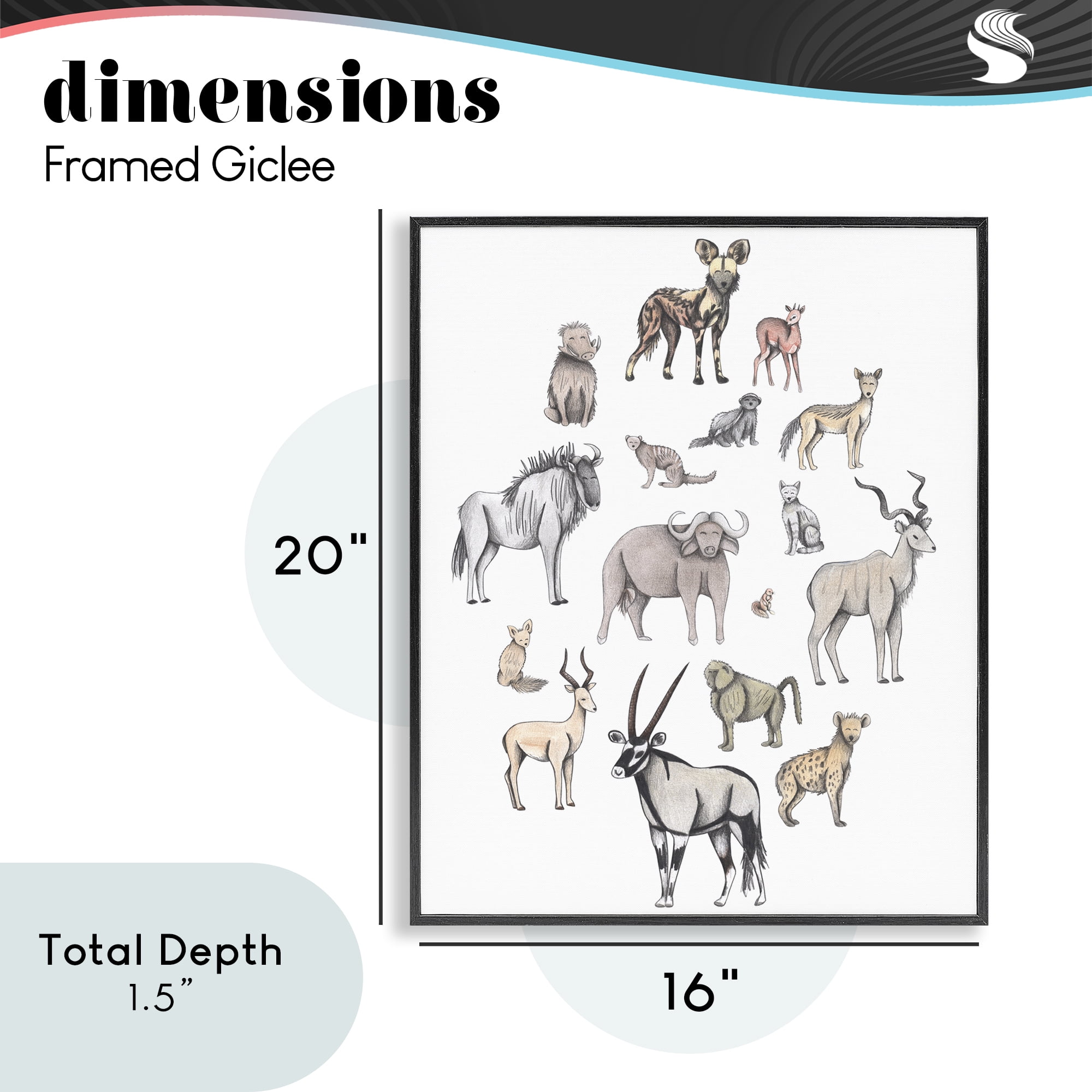 Simple Africa Animals Black Framed Giclee Art, design by Cecilia Battaini