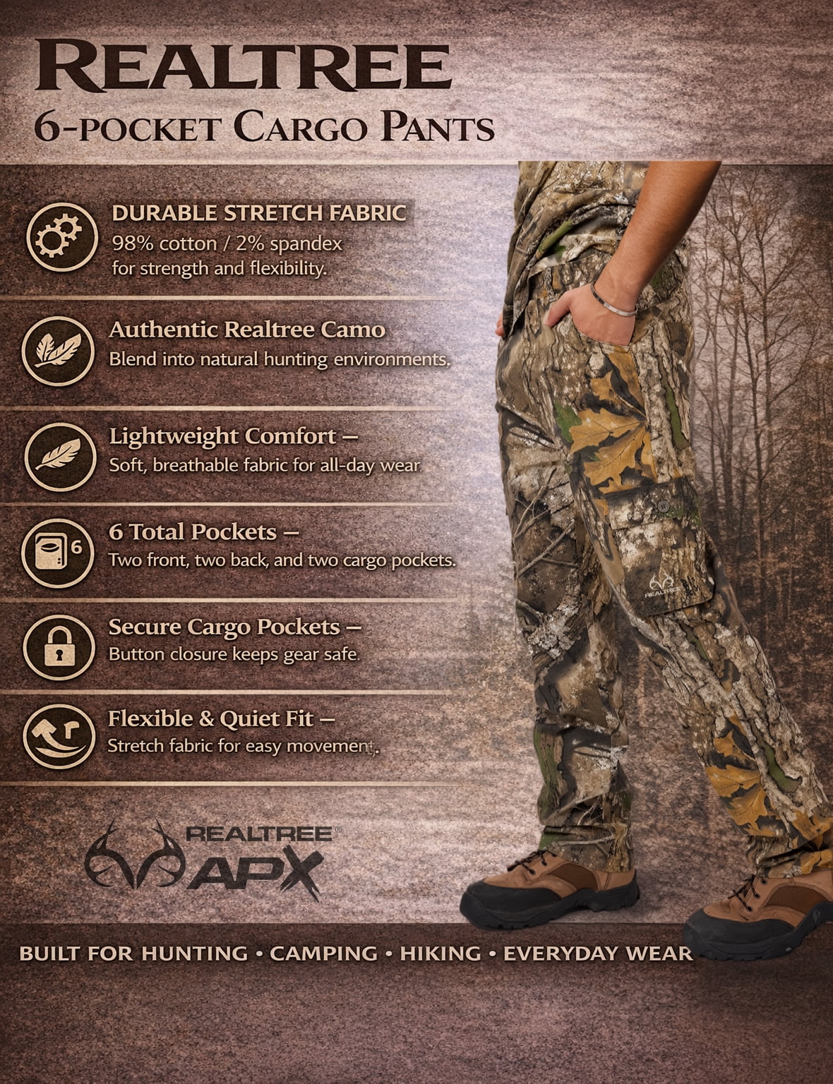 Realtree Men’s 6-Pocket Cargo Camo Hunting Pants , Regular Fit, Straight Leg, Camo Pants for Outdoor, Hiking Wear | S-4X
