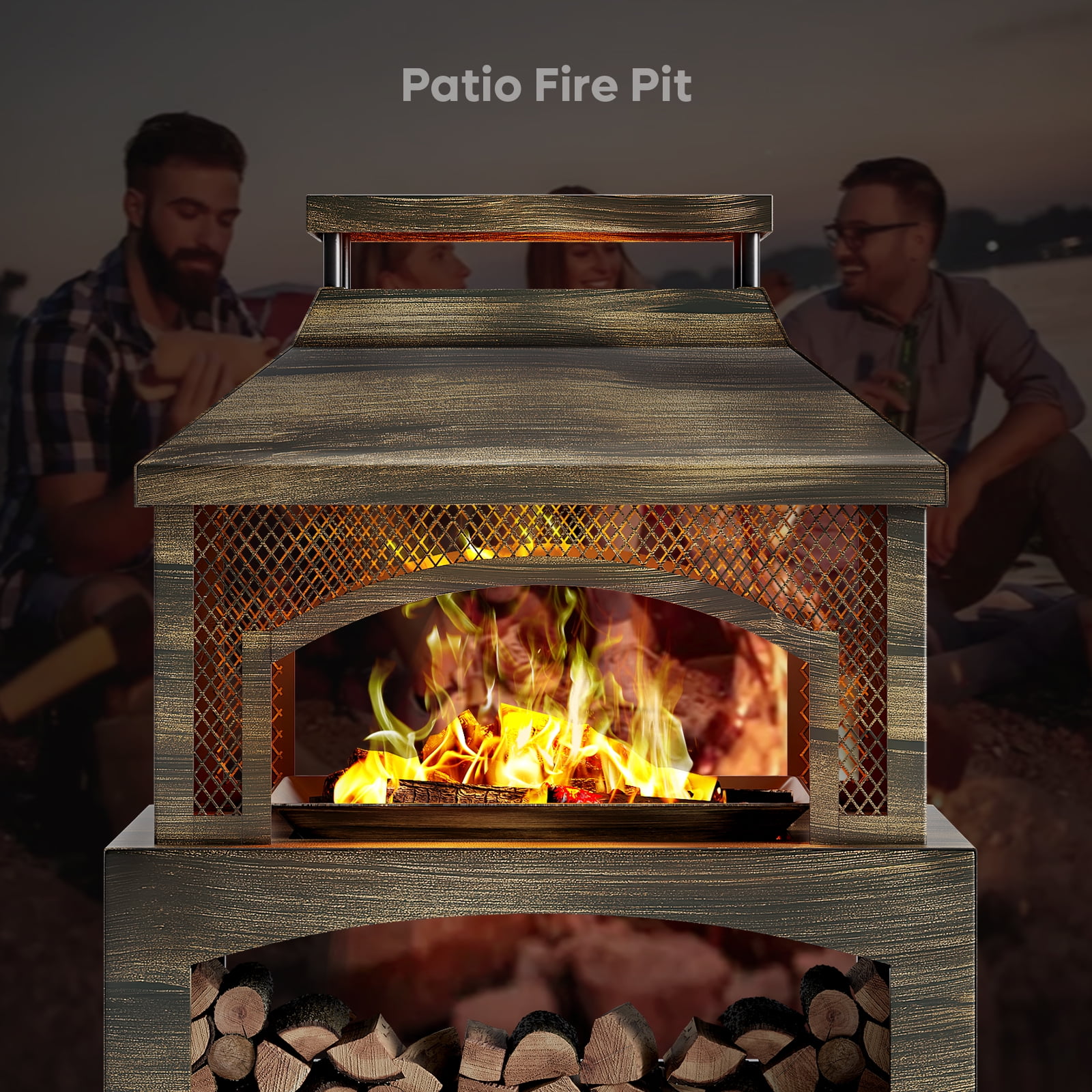 Bestier Fire Pits for Outside Wood Burning, Outdoor Fireplace with Log Storage Rack, Freestanding Chiminea Fireplace with Mesh Screen and Pocker for Backyard Patio Party Camping Picnic, 37"