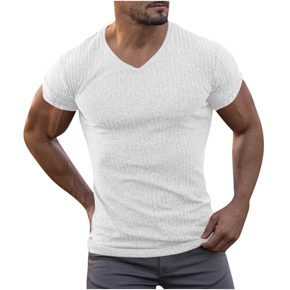 ZMFXJPE Athletic Tops for Men Fitted T-Shirt Fashion V-Neck Fitness Shirts Comfy Stretch Quick Drying Short Sleeve Tops Gym Running Outfits White, M