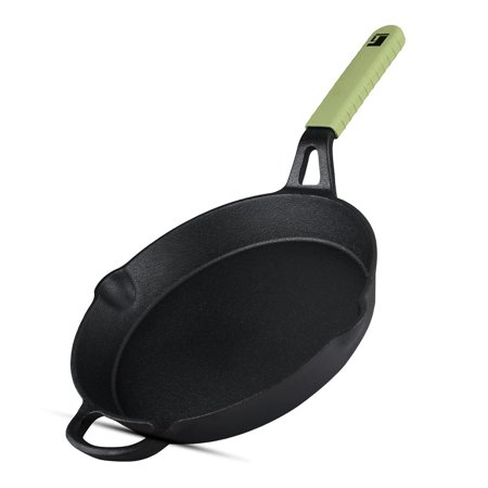 Elements Cast Iron 26 Cm Fry Pan 2.6 Liters | Pre-seasoned, For Searing, Browning, Caramelizing, Frying, Toasting - Olive Green Silicone Handle, Induction & Gas Ready, 7-year Warranty