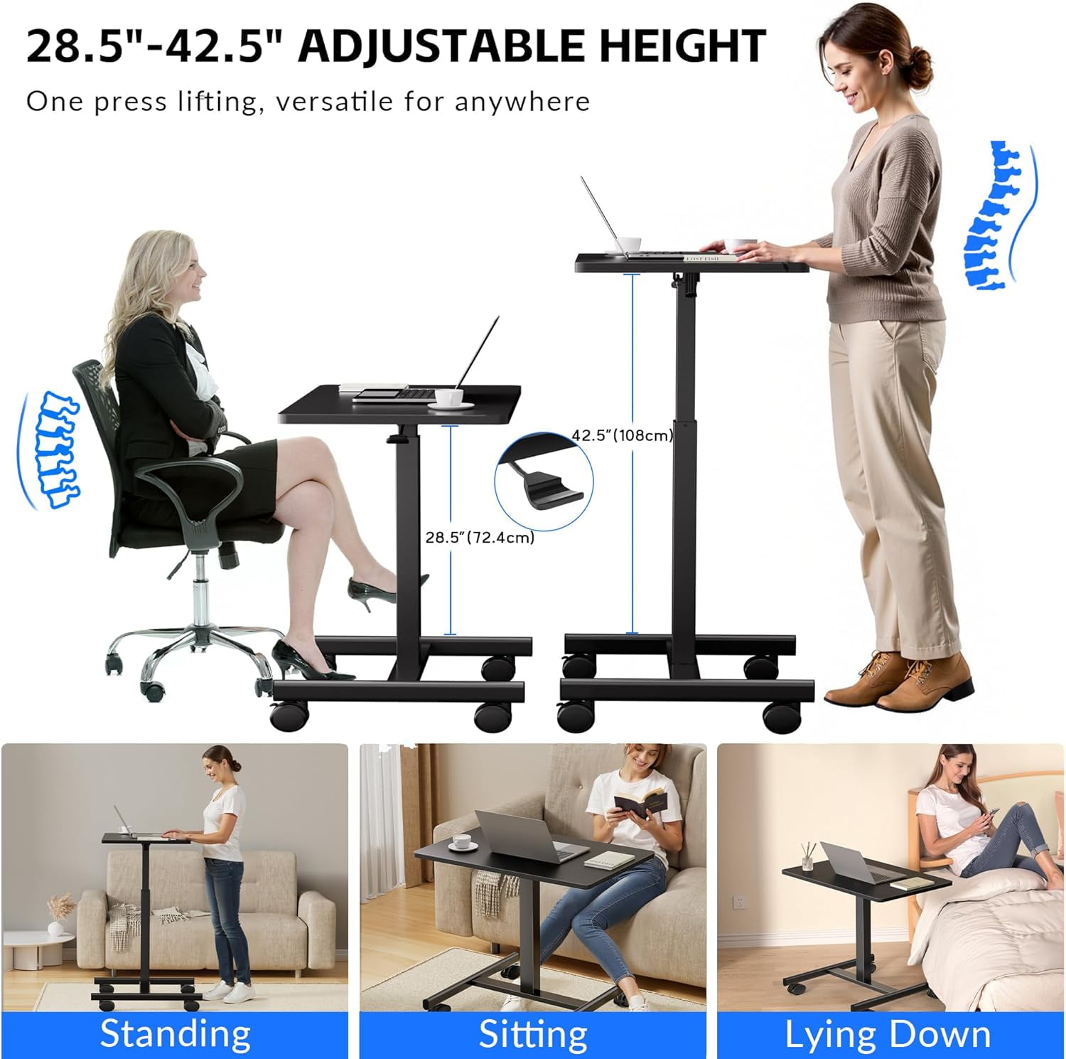 JessieMal Mobile Laptop Standing Desk Adjustable Height, Small Mobile Desk Workstation with Wheels, Portable Rolling Computer Desk Cart for Home Office Classroom (Black)