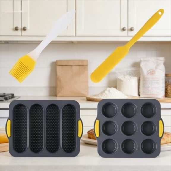 4-Piece Silicone Baking Set, Non-Stick Baguette & Hamburger Bun Pan with Scraper & Brush, Food Grade Oven Bakeware Kit