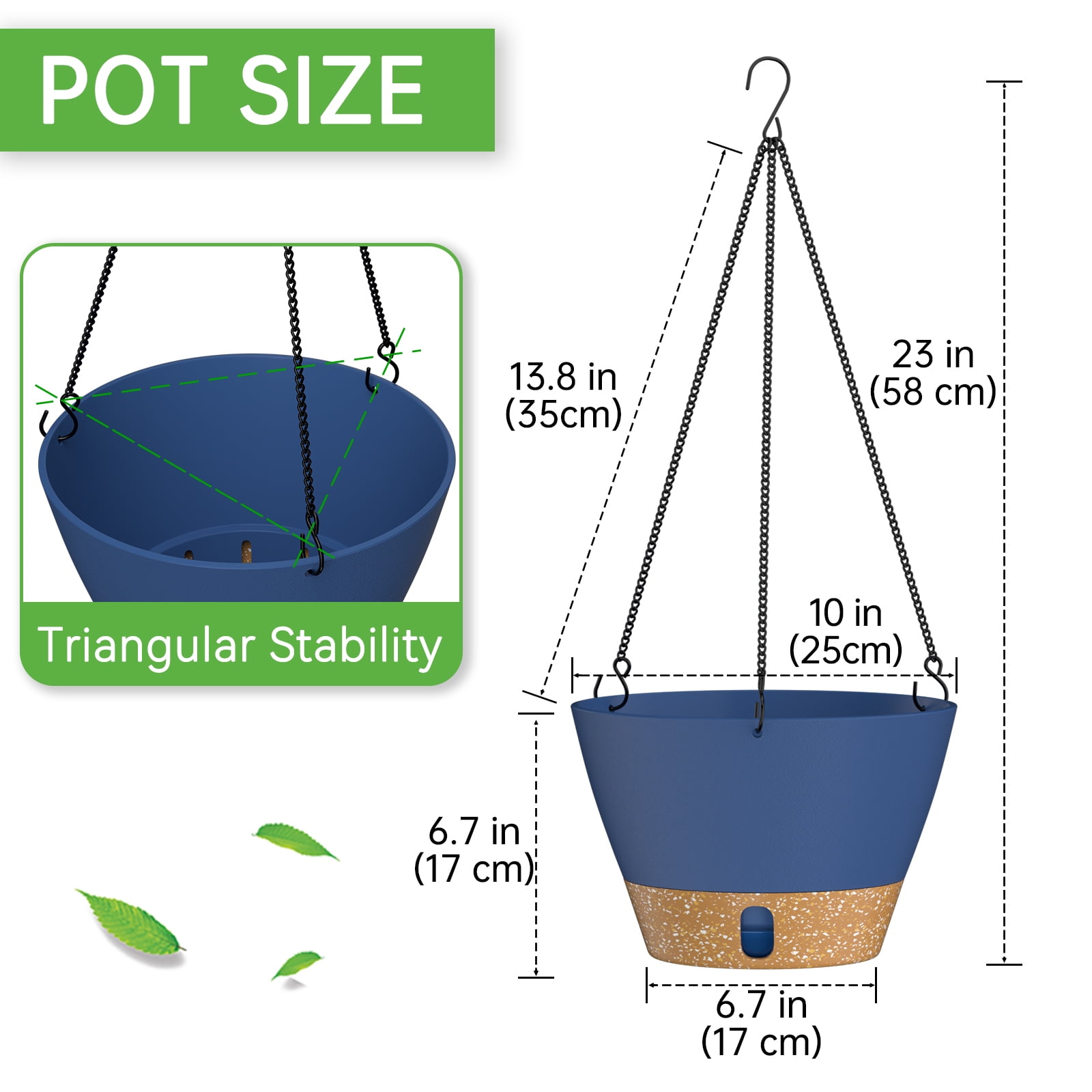 FIASON 2 Pack 10 Inch Blue Self Watering Hanging Planters, Indoor Outdoor Plastic Flower Pots with Visual Water Level Window, Drainage Holes & Chain Hanger for Home Garden Decor
