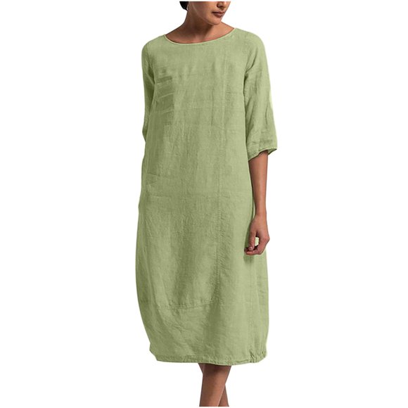 Robe Midi en Coton pour Femme Grande Taille, Hauts de Couleur Unie, Manches Mi-Longues, Vêtement à Encolure Bateau, Élégante, Décontractée, Confortable, Robes d'Été pour Femme, Vert, XXXXXL, Soldes