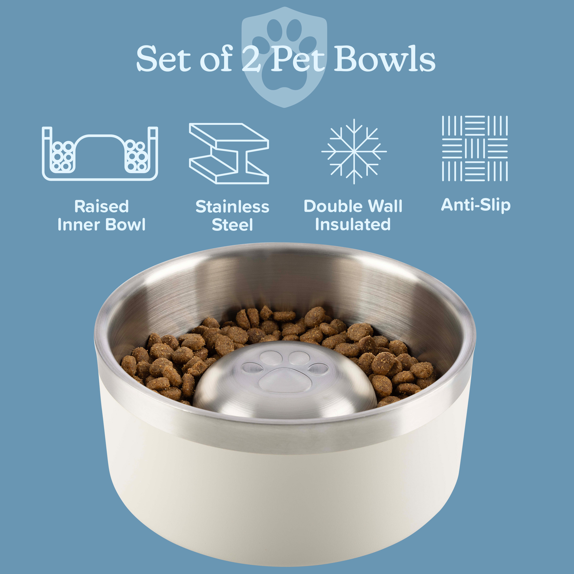 PETMAKER Set of Two 60oz Stainless Steel Slow Feeder Dog Bowls (Cream)