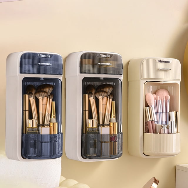Organizador giratorio de brochas de maquillaje montado en la pared con 4 compartimentos y cajón - Almacenamiento de plástico transparente para el tocador - 10,82x5,11x4,33 pulgadas