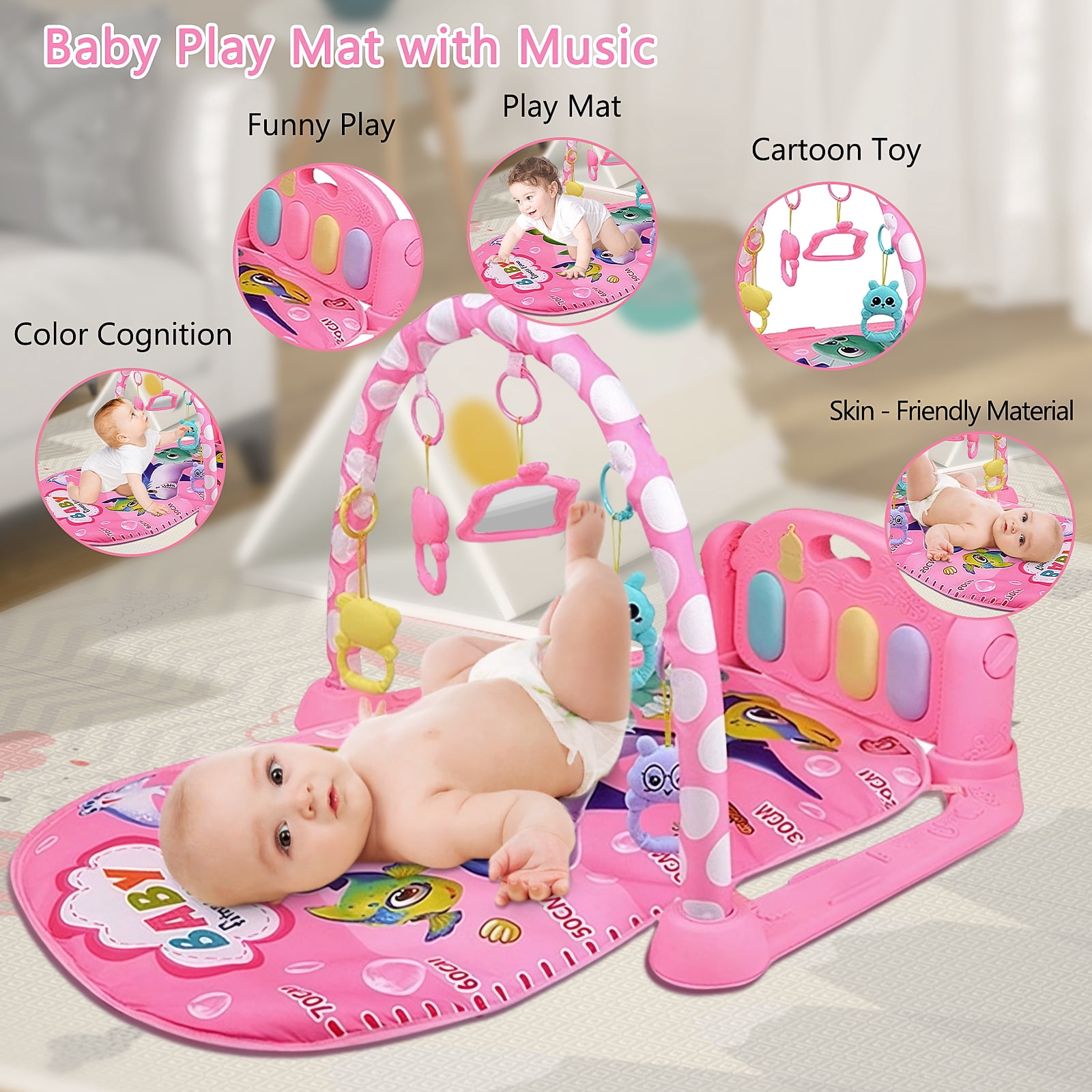 HDUTNGISN Baby Play Mat Gym with Piano & Toys-Tummy Time Activity Mat for Infants 0-12M (Pink)
