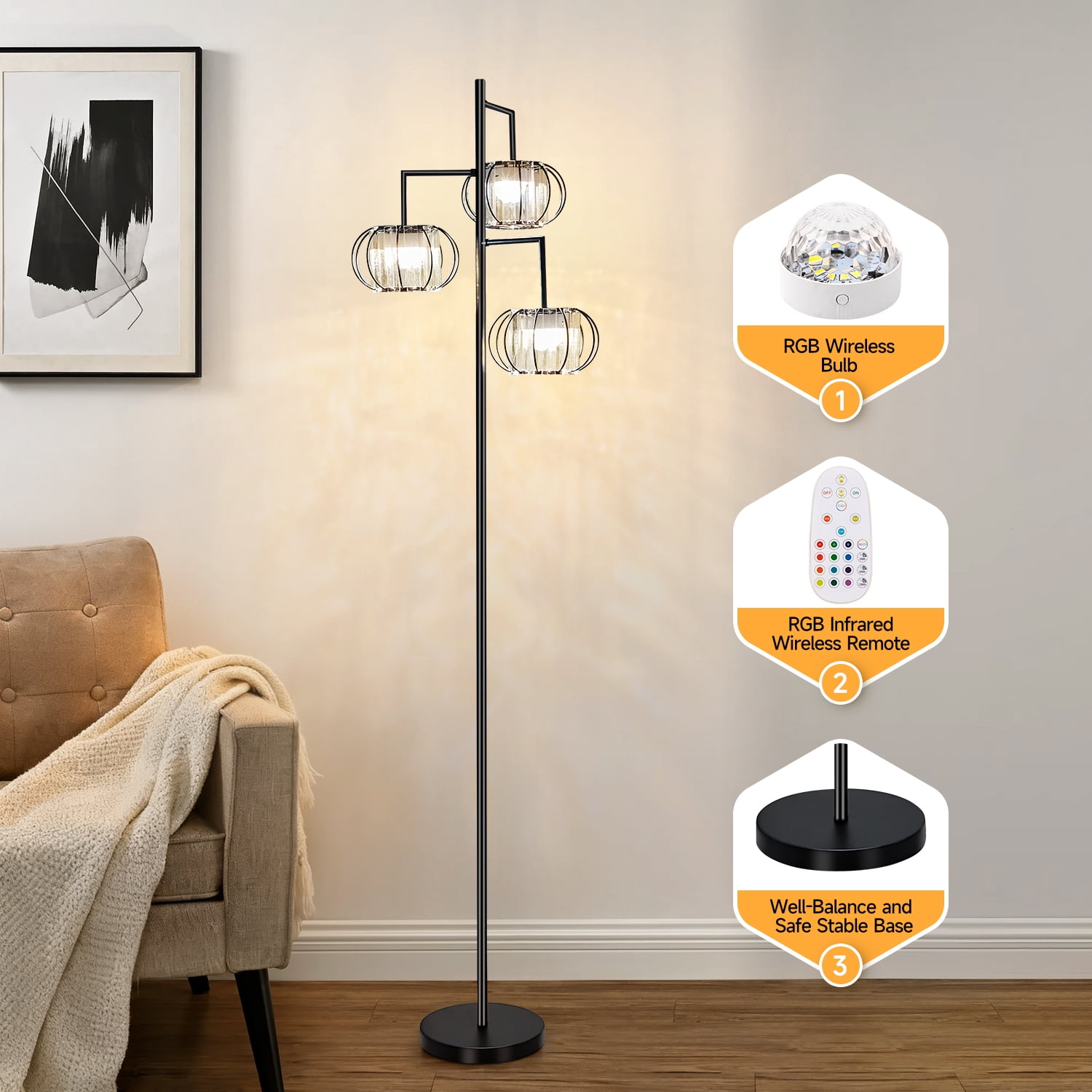 Crystal Floor Lamp with Wireless Rechargeable RGB Bulb, 15 Color Modes, Remote-Controlled Standing Light for Bedroom and Living Room