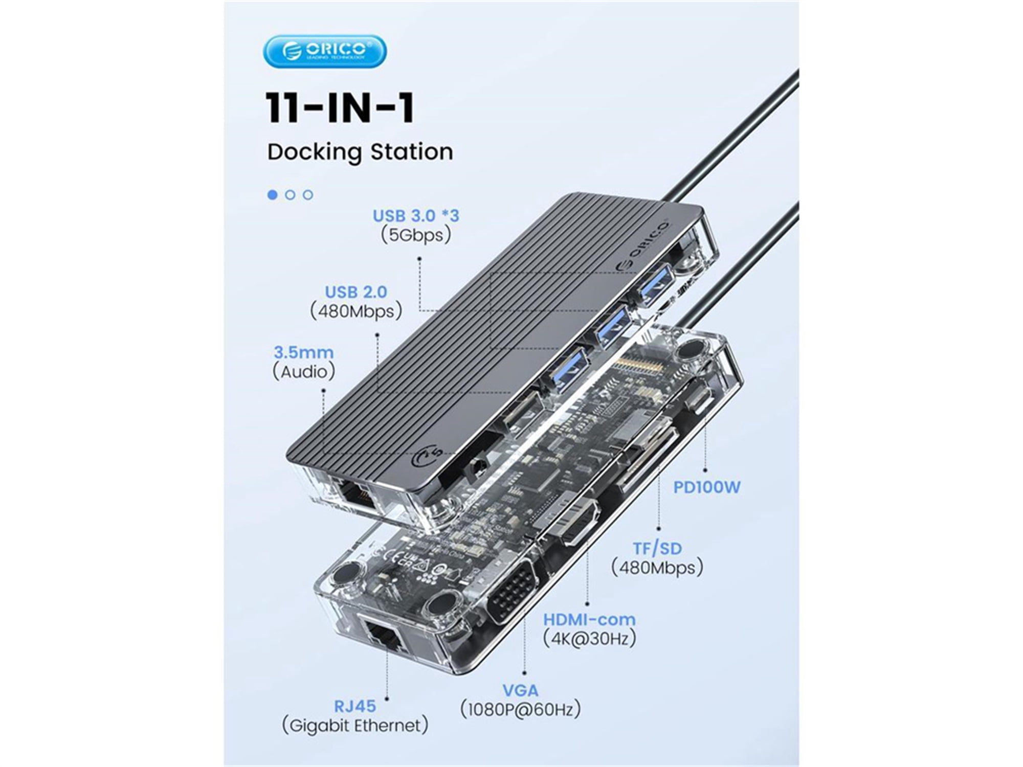 ORICO 11 in 1 USB C Hub Adapter USB C Docking Station Dual Monitor with HDMI 4K@30Hz VGA 3 USB 3.0(5Gbps) USB 2.0(480Mbps) RJ45 PD100W Charging 3.5mm Audio SD/TF