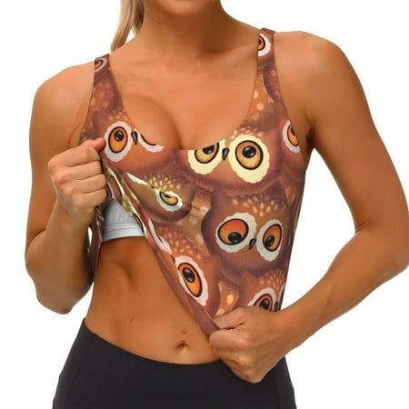 Qokaie Brown Owl Pattern Womens Scoop Neck Sports Bra Breathable Workout Vest Padded U Back Medium Impact Fitness Gym Yoga Bra Workout Crop Top