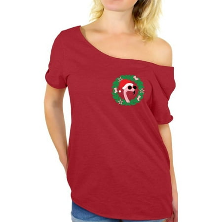 Holiday Womens Bag - Awkward Styles Christmas Flamingo Pocket Off Shoulder Shirt Funny Christmas Gifts for Women Off Shoulder Christmas Pocket Shirt Holiday Outfit Flamingo Ugly Christmas T Shirt Xmas Party Shirt