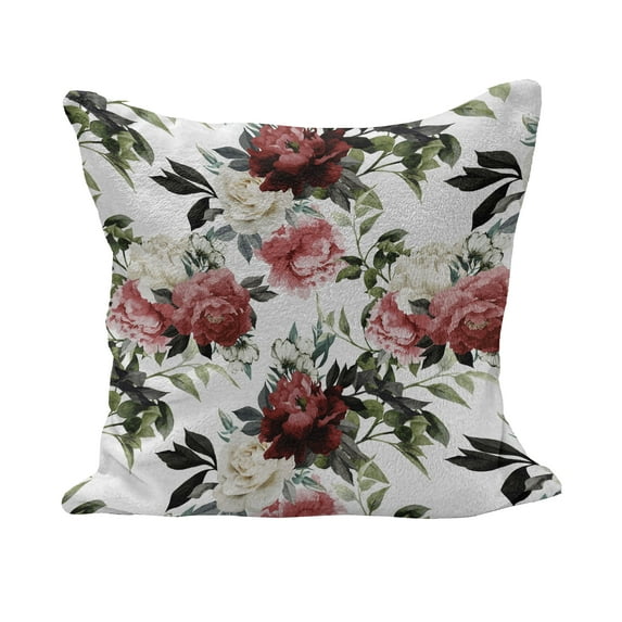 Shabby Flora Fluffy Throw Pillow Cushion Cover, Country Style Floral Flower Roses Watercolor Image Art, Decorative Square Accent Pillow Case, 18" x 18", Dark Coral Maroon, by Ambesonne