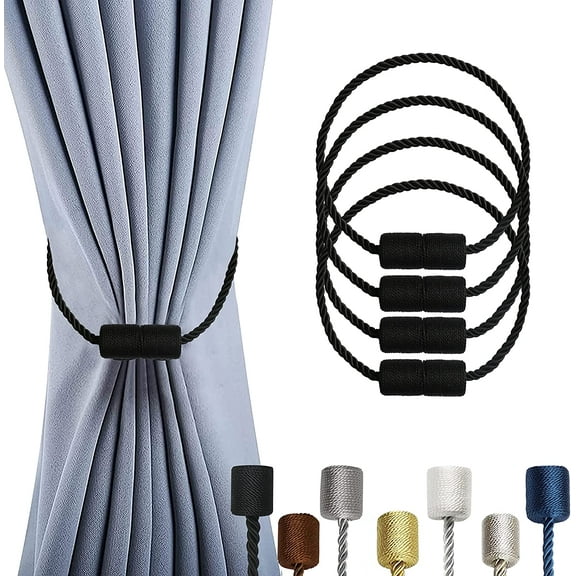 4 Pack Magnetic Curtain Tiebacks, Black Modern Rope Tiebacks for Curtains