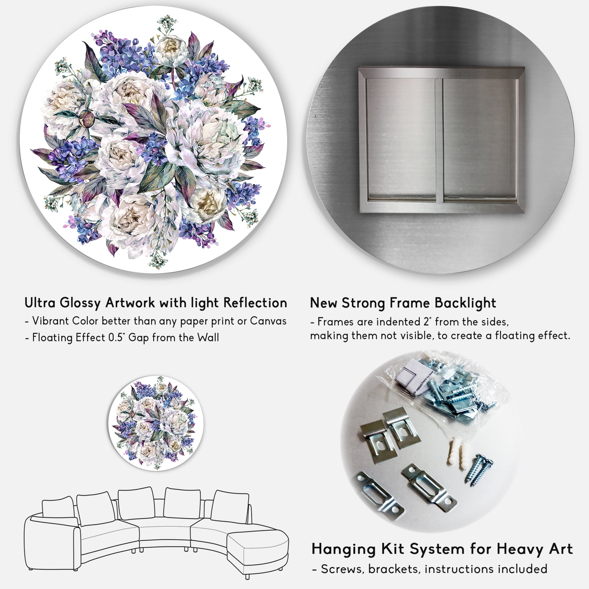 Designart 'Bouquet Peonies In Blue and White' Traditional Circle Metal Wall Art 23x23 - Disc of 23