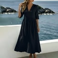 thumbnail image 3 of Josdec Women's V-Neck Lace Trim Dresses 3/4 Sleeve Empire Waist A-Line Solid Color Cotton Linen Casual Dress for Weekend Outings Wear S-XXL, 3 of 9