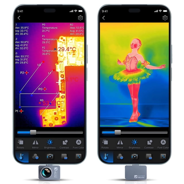 cámara térmica thermal master p2 pro para android con lente macro, vista frontal de dos teléfonos Android con el módulo P2 Pro conectado: pantalla izquierda muestra una placa de circuito con lecturas numéricas de temperatura, marcadores de medición y barra de color; pantalla derecha muestra una imagen térmica de una bailarina en colores degradados; accesororio compacto con lente macro magnética visible debajo de los teléfonos; también adecuada para inspecciones rápidas de componentes pequeños en campo.