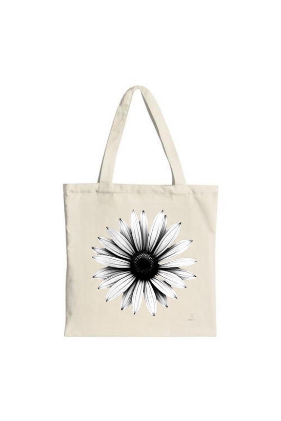 Stylish Beige Canvas Tote Bag with Black - White Daisy Design Perfect for Shopping Travel and Parties - Reusable & Multifunctional