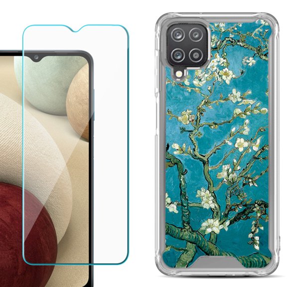 Shockproof Bumper Phone Case for Samsung Galaxy A12, with Tempered Glass Screen Protector, by OneToughShield ® - Almond Blossom
