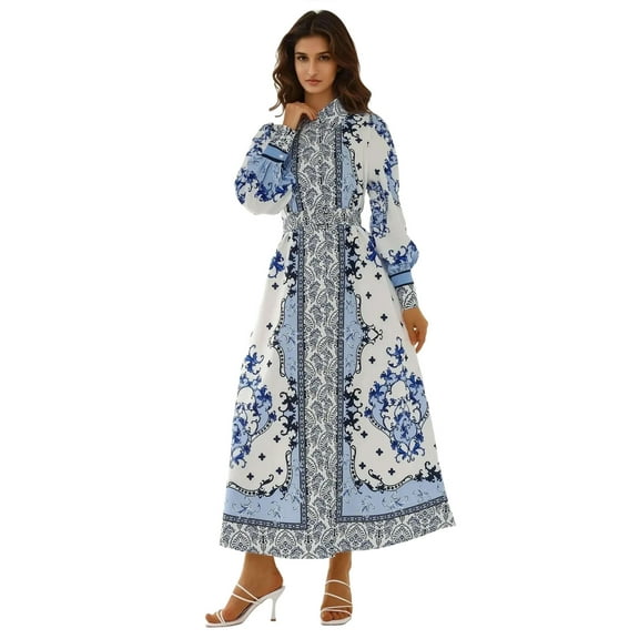 Printed Long Sleeve Maxi Dress with Belt