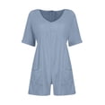 thumbnail image 4 of GILIGEGE Linen Overalls for Women Womens Summer Cute Short Overalls Loose Fit Short Sleeve Casual Rompers Jumpsuits Shorts Fashion Women's Solid V Neck Pocket Zippered Short Sleeve Jumpsuit Blue L, 4 of 5