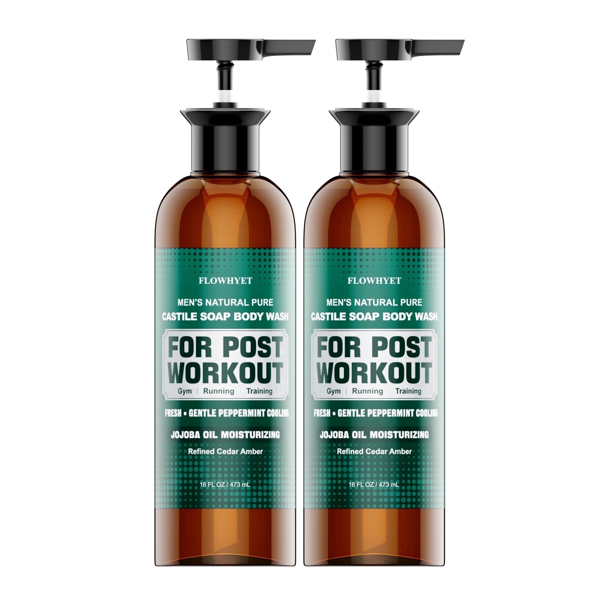 FLOWHYET Men’s Sport Body Wash, Castile Soap Liquid, Cedar Amber Scent, Made with Olive, Coconut & Jojoba Oils, 16 fl oz, Pack of 2