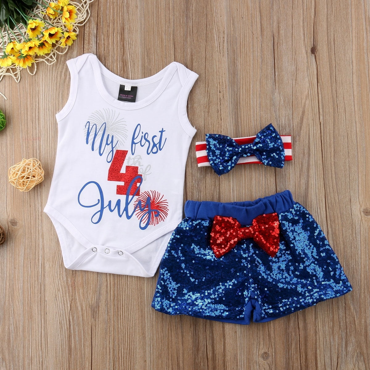Toddler Boys Girls My 1st Fourth Letters Print Romper+USA Flag Star Shorts Pants+Cap 3Pcs Set
