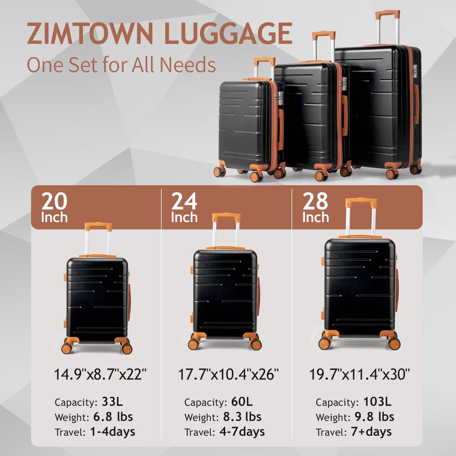 Zimtown 3 Piece Luggage Set, ABS Hardside Lightweight Suitcase with TSA Lock Spinner Wheels, Black
