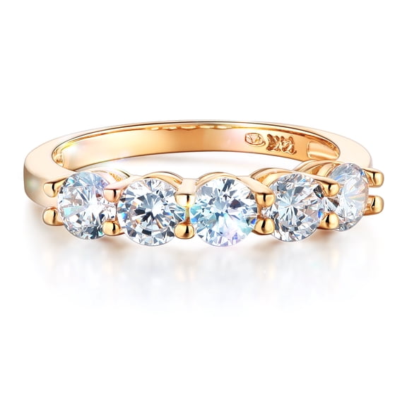 Wellingsale Ladies Solid 14k Yellow Gold Polished CZ Cubic Zirconia Round Cut Five 5 Stone Anniversary Wedding Band - Size 4