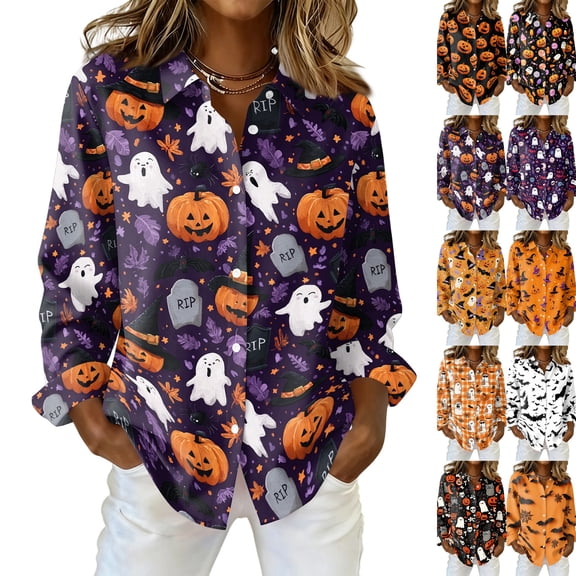 Halloween Cute Goast Pumpkin Collared Button Down Long Sleeve Shirts for Women Loose Fit Casual Blouses Lightweight Tops Autumn Daily Outfits,S,Dark Purple
