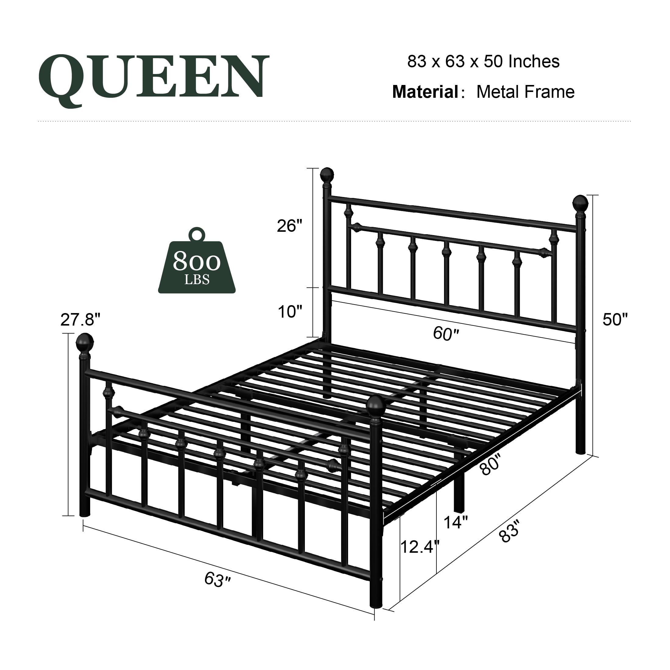 Amolife Queen Bed Frame, Metal Platform Bed with Vintage Headboard & No Box Spring Needed, Black