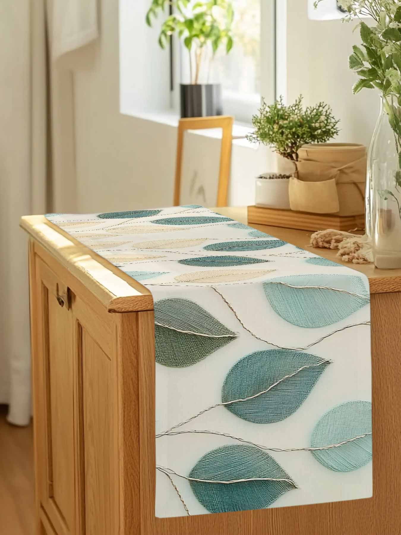 Farmhouse Teal Green Leaf Table Runner 90 Inches Long, Vintage Watercolor Leaves Table Runners Tabletop Scarf Kitchen Dining Tables Decoration for Home Party Indoor Outdoor