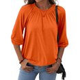 thumbnail image 1 of Blusa naranja de cuello redondo para mujer, manga 3/4, corte holgado, detalle fruncido, imprescindible para primavera, verano y otoño, talla L, 1 of 6