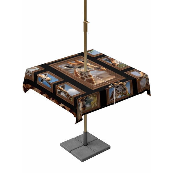 Outdoor Tablecloth with Umbrella Hole for Patio/Picnic/Party/Camping, Brown Giraffe Waterproof Table Cloth Square Cover Washable, Wildlife Animals Farmhouse Wood Plank (54"x 54")