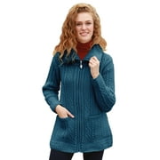Aran Woollen Mills Women's 100% Premium Merino Wool Irish Zipped Cardigan Knitted Blue Jacket Sweater Made in Ireland