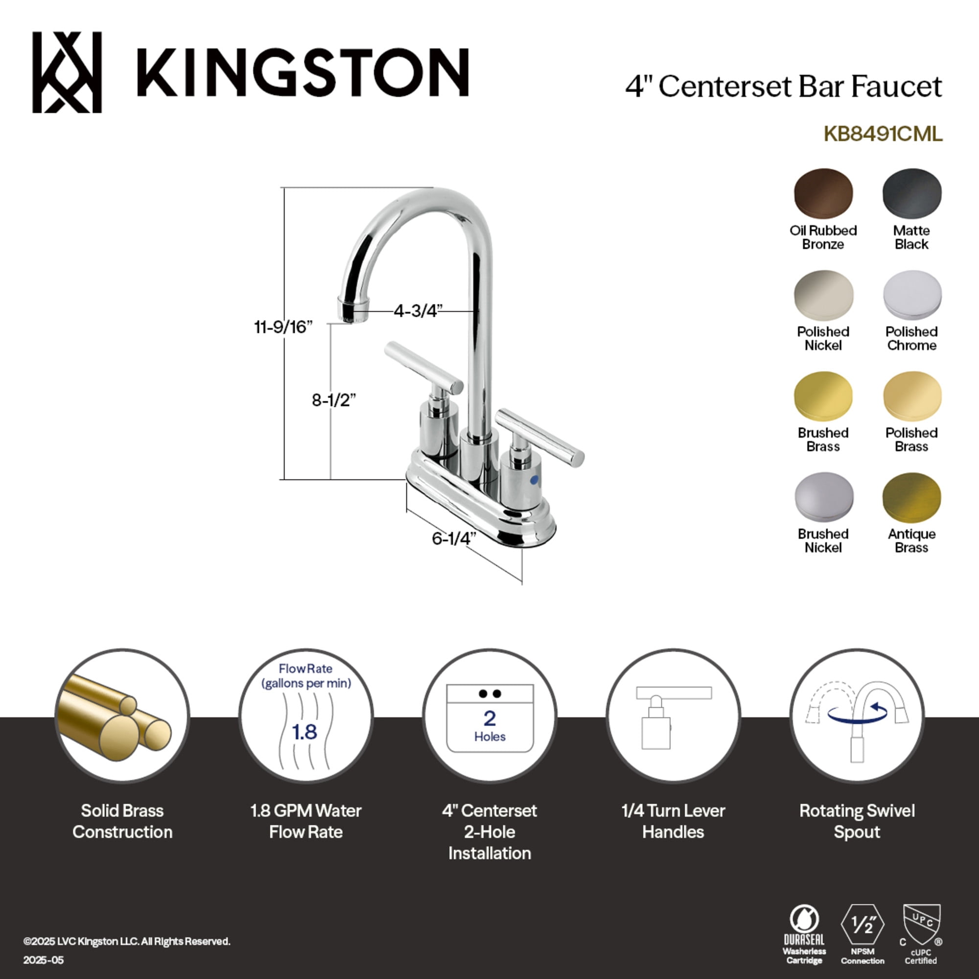 Kingston Brass KB8493CML Manhattan Double-Handle 4" Centerset Bar Faucet, Antique Brass