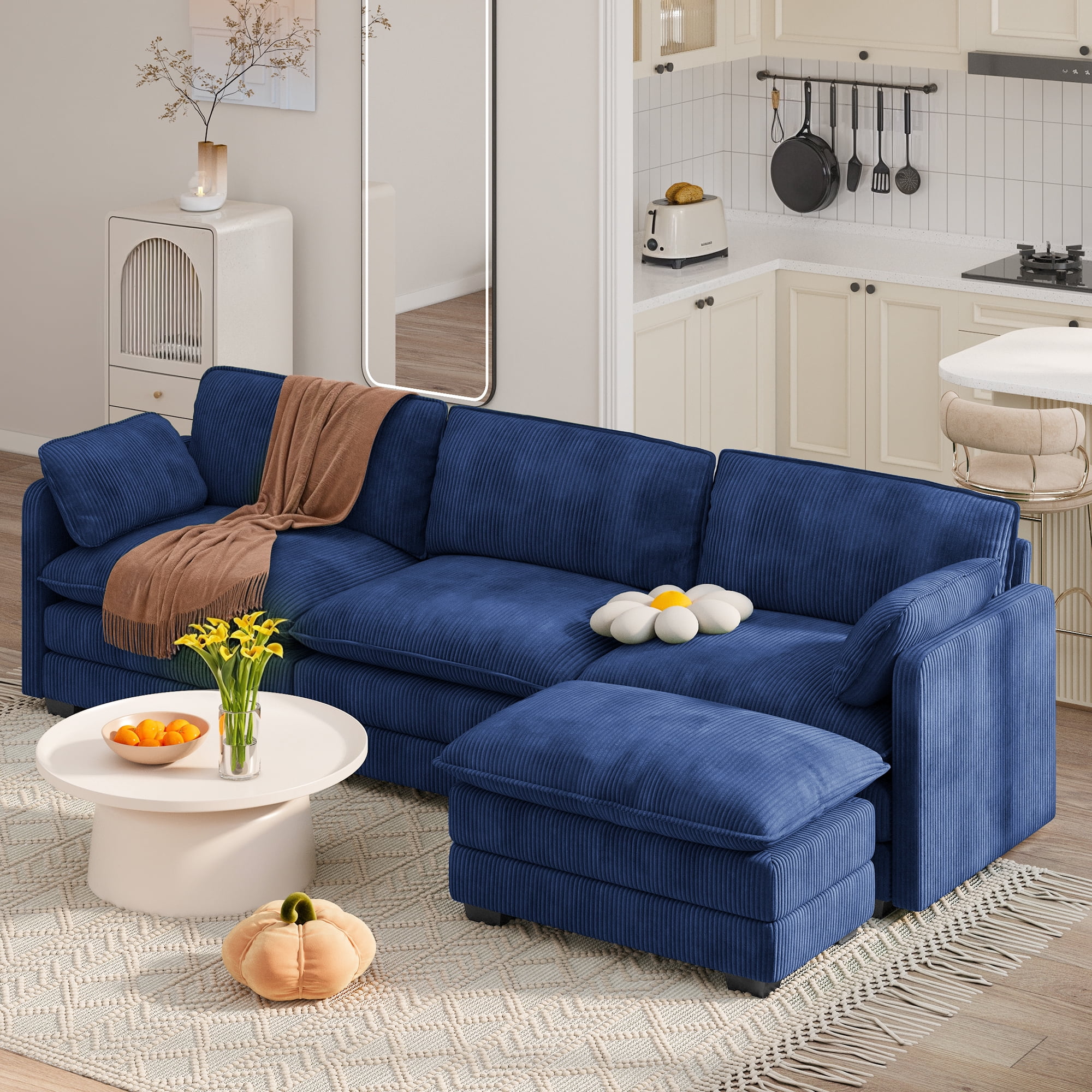 Lofka 110“ Modular Sectional Sofa Bed with Double Layer Cushions and Movable Ottoman, Modern Comfy Cloud Couch for Living Room, DIY Combination, Blue