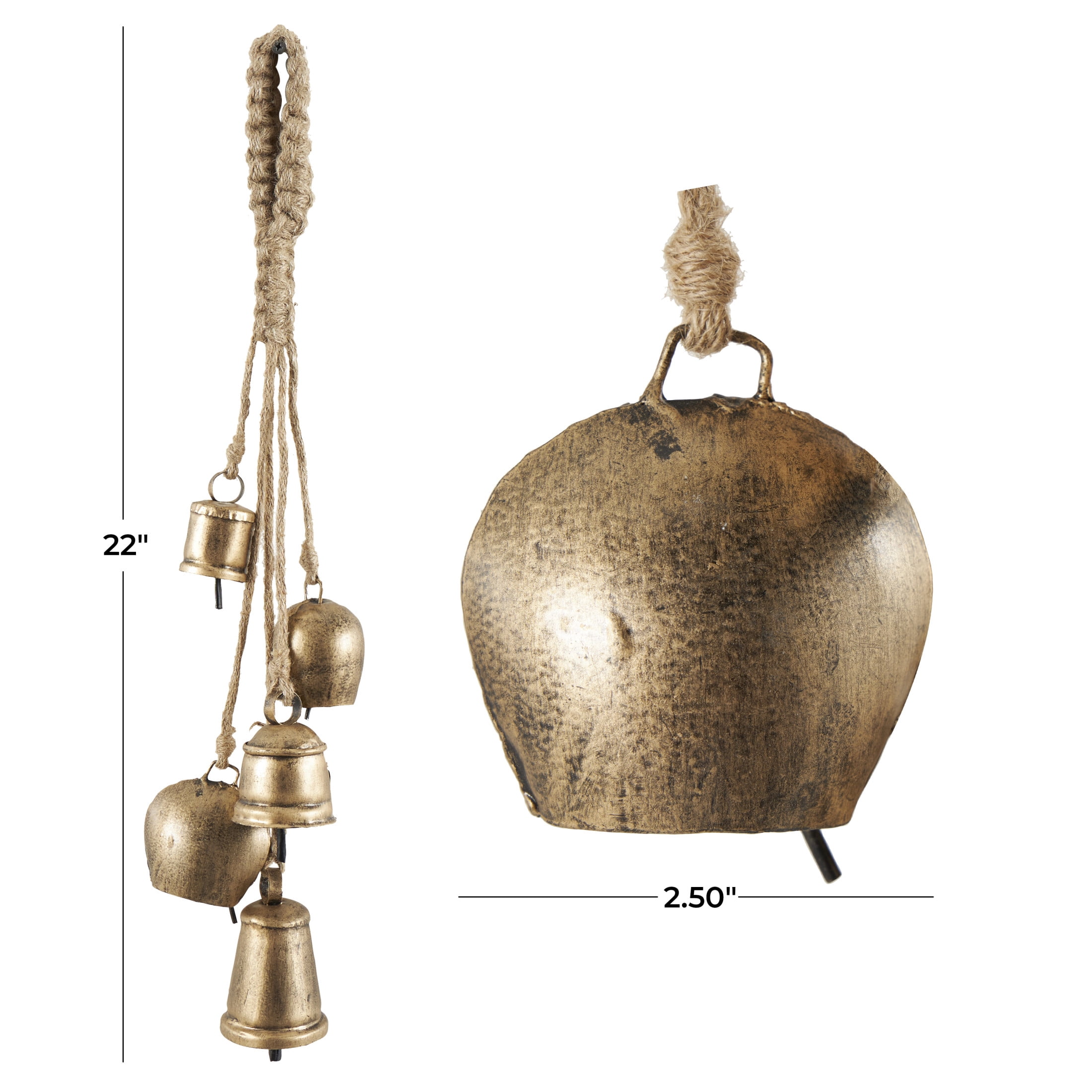 DecMode Tibetan Inspired Cascading Gold Metal Various Shapes Decorative Cow Bells with 5 Bells on Jute Hanging Rope
