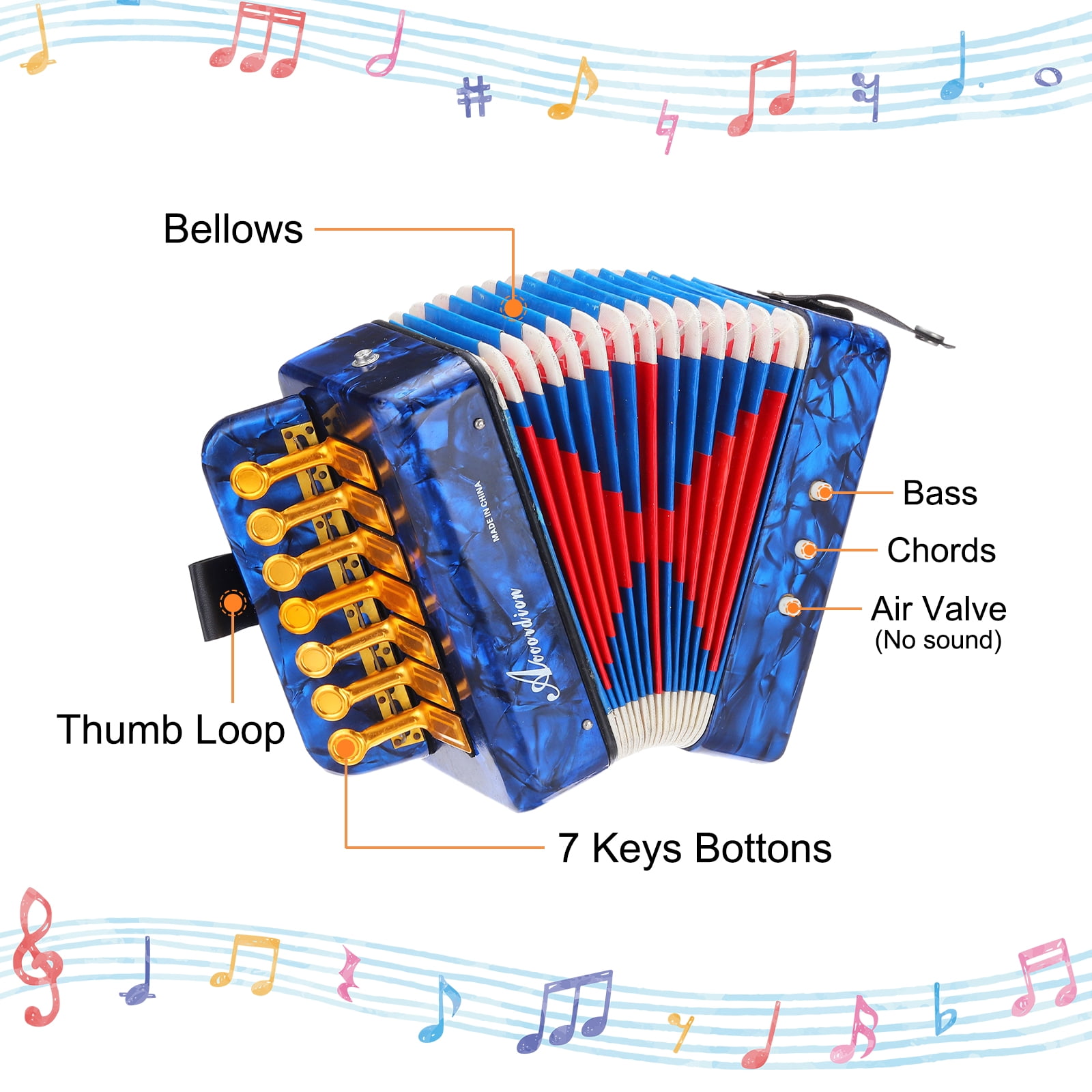 Uxcell Accordion, 10 Keys Bass Button Accordion Mini Musical Instrument Lightweight for Children Beginners Educational, Navy Blue