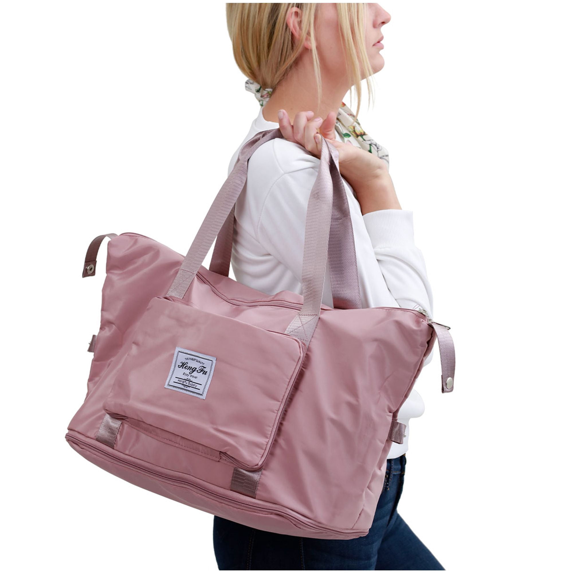 Gustave Women Large Folding Weekender Travel Bag Lightweight Sport Duffle Bags Waterproof Foldable Tote Carry on Luggage - Pink