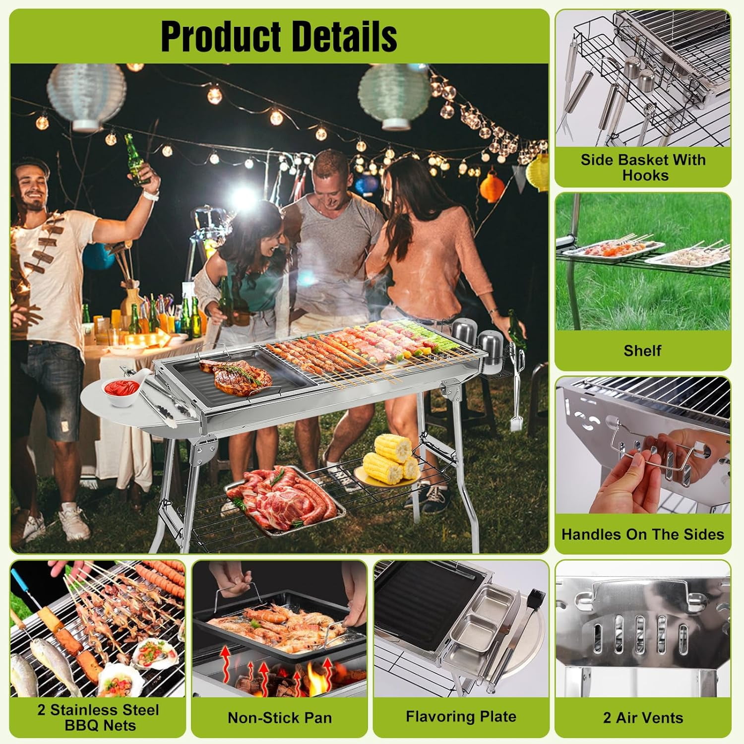 Foldable Stainless Steel Charcoal Grill for Outdoor Cooking