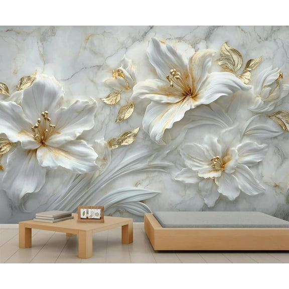 Relief White Lily Mural Wallpaper, Luxury Golden Leaves Wall Mural, Marble 3D Murals, Nordic Light Luxury Marble Large Wallpaper For Living Room Bedroom 59"W x 39.4"H (Not Peel and Stick)