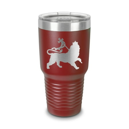 

Lion of Judah Tumbler 30 oz - Laser Engraved w/ Clear Lid - Stainless Steel - Vacuum Insulated - Double Walled - Travel Mug - tribe of jewish rastafari emperor haile selassie pride - Maroon