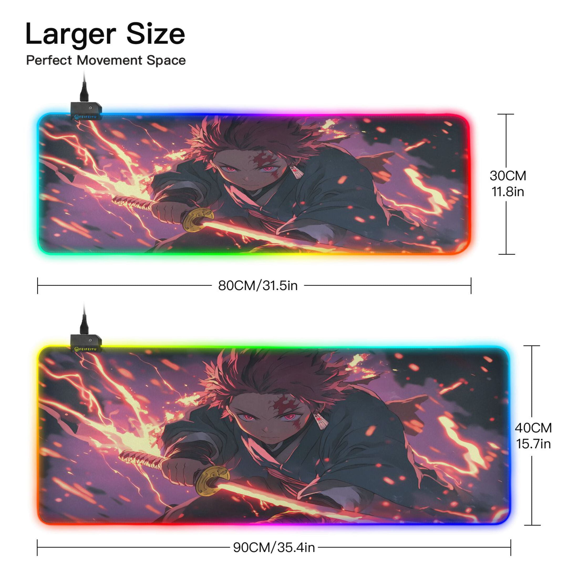 Large RGB Gaming Mouse Pad Led Glowing Mousepad Non-Slip Rubber Base 13 Light Modes 35.4x15.7 Kamado Tanjirou Waving Sword